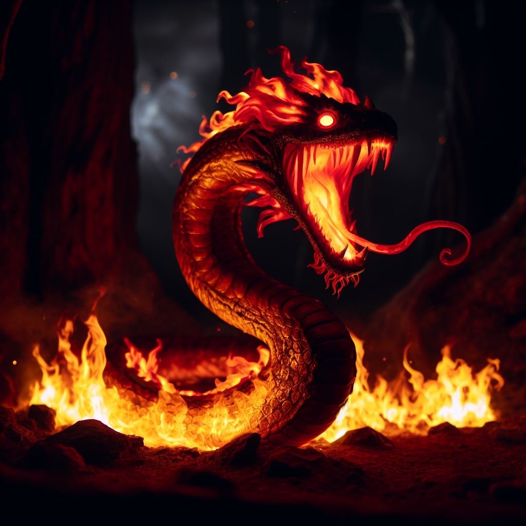 De acordo com a lenda, o Boitatá é uma serpente de fogo que possui olhos vermelhos brilhantes e um corpo coberto por escamas incandescentes. Ele emite um som assustador, semelhante ao crepitar das chamas, e sua presença é marcada por um forte cheiro de enxofre.